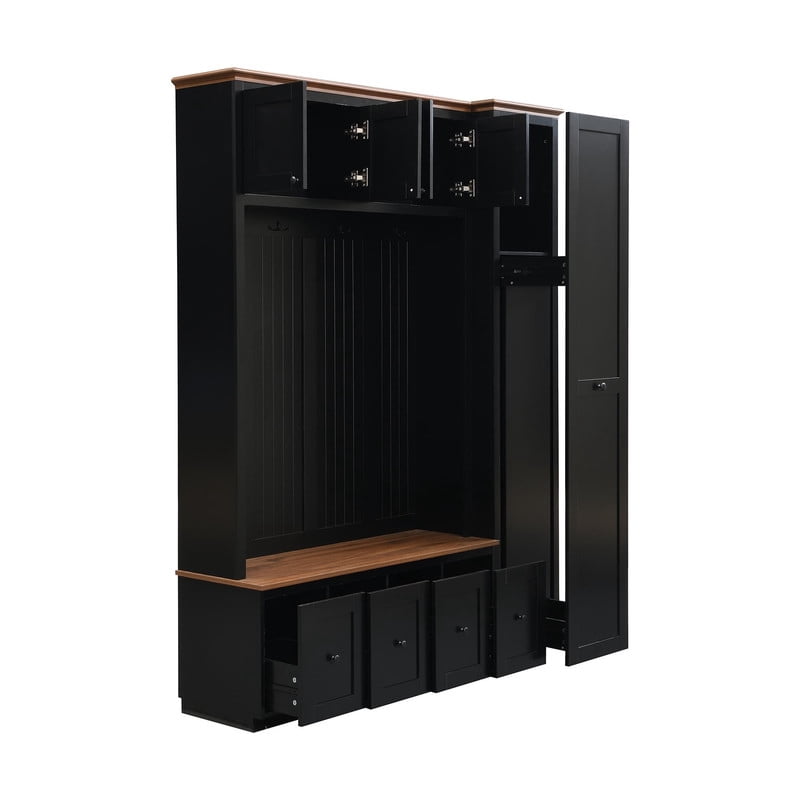 Farmhouse 5-in-1 Hall Tree with Pull-out Side Cabinet, Entryway Bench with 4 Drawers, Modern Coat Rack with Cabinets and Hooks for Mudroom