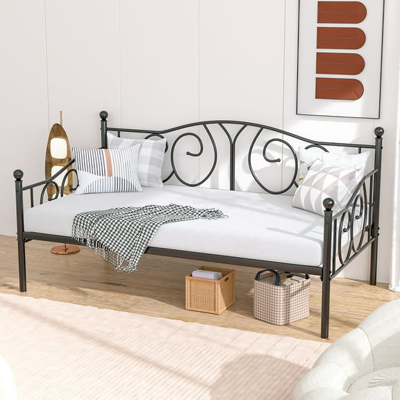 VECELO Twin Size Metal Daybed with Headboard, Metal Slats Support/Easy Assembly, No Box Spring Needed, Black