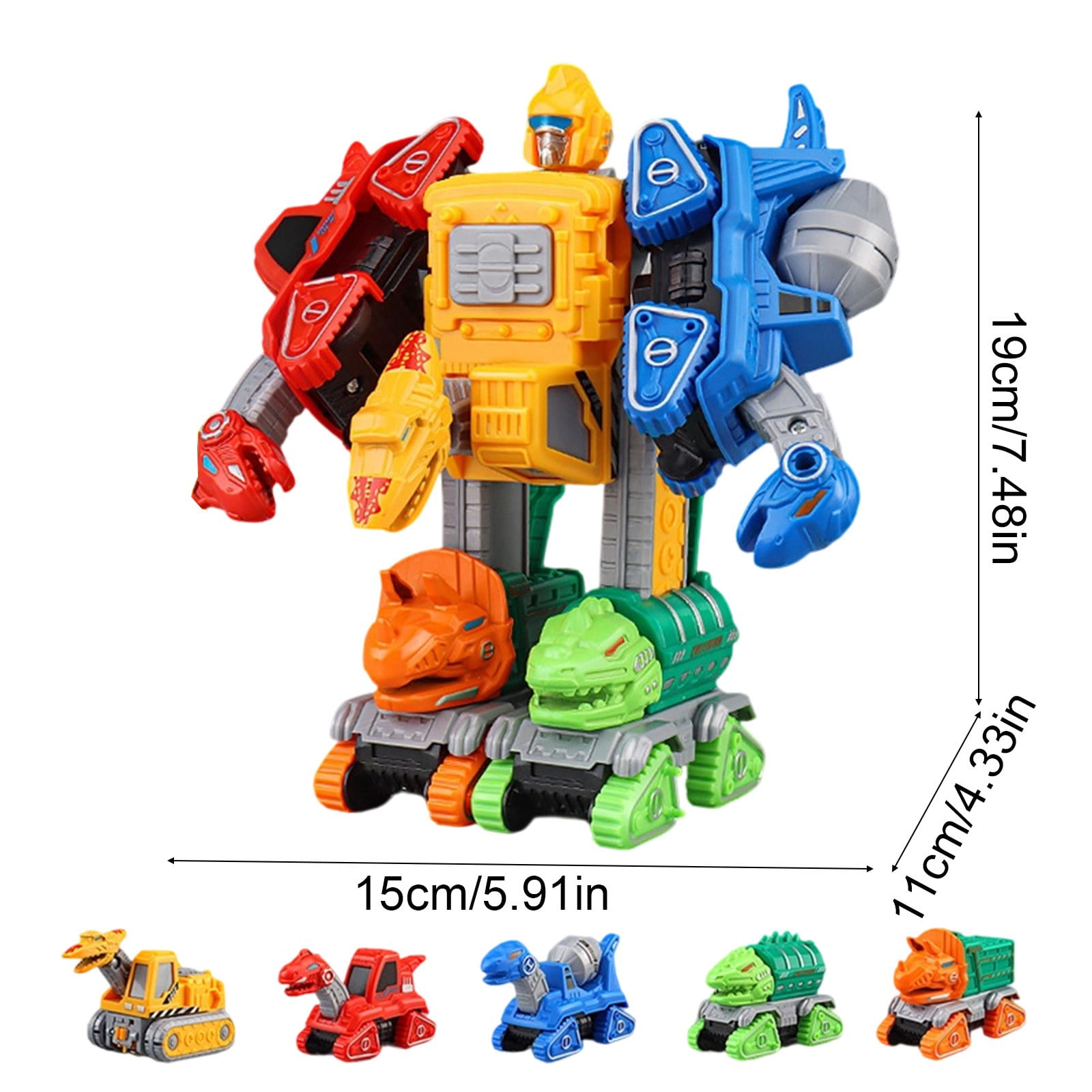 5 in 1 Dinosaur Transformer Construction Vehicle Set, Fire Truck Excavator Bulldozer Assembly Toy, Pull Back Action No Battery, Robot Combiner (8.26x5.51x2.87 inch)