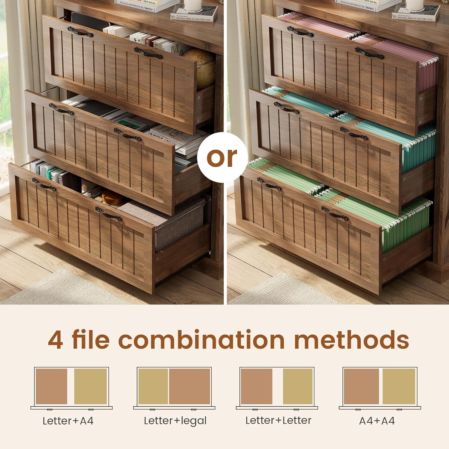 3 Drawer File Cabinet, Farmhouse Filing Cabinet Fits Letter/Legal/A4 Size, Wood File Cabinet with Printer Stand for Home Office, Retro Style for Living Room, Brown