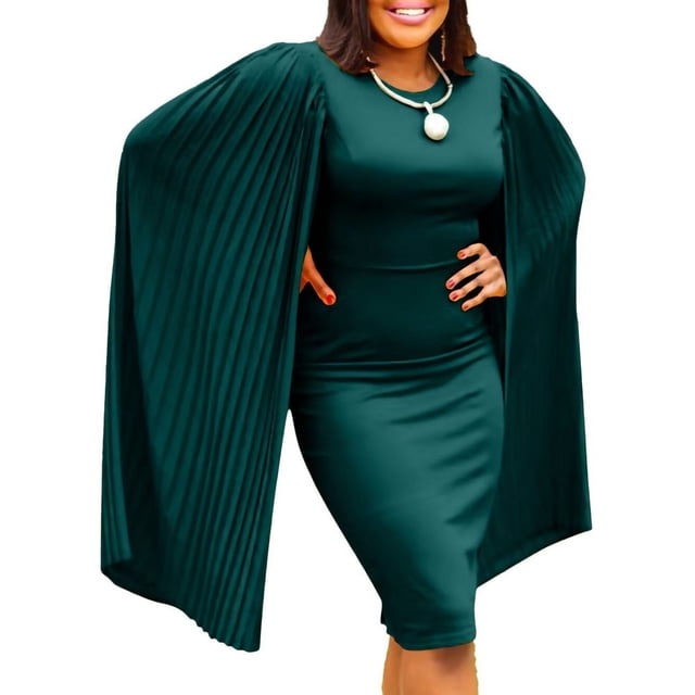 Robe Ample à Col Ras du Cou pour Femme, Manches Cape Plissées, Robe Courte Élégante