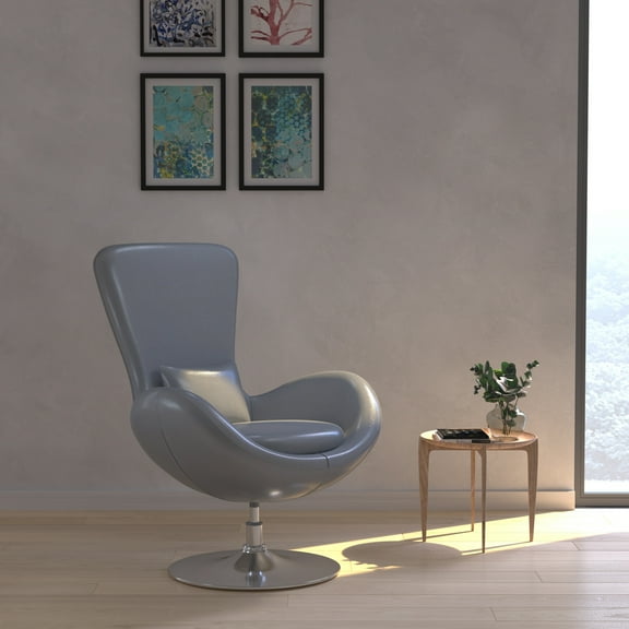 Merrick Lane High-Back Egg Style Lounge Chair in Gray Faux Leather Upholstery With 360° Swivel Chrome Base