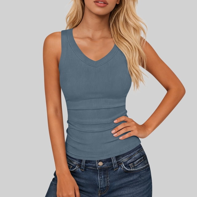 LVHAOGJOB V Neck Tank for Women Sleeveless Summer Tops Plus Size Solid Color Womens Shirts Workout