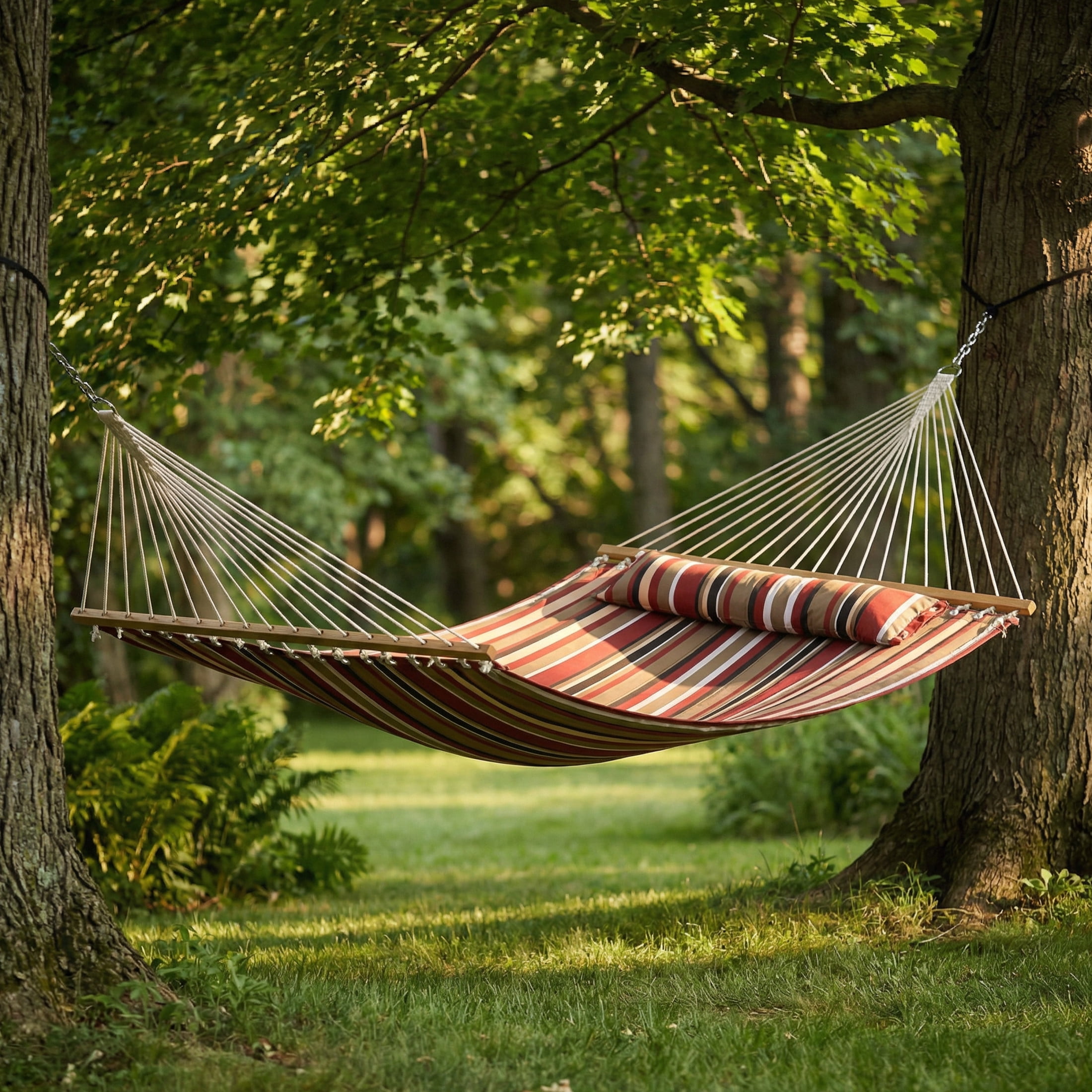 Sunnydaze 2-Person Quilted Polyester Spreader Bar Hammock, 450 lb - Awning Stripe
