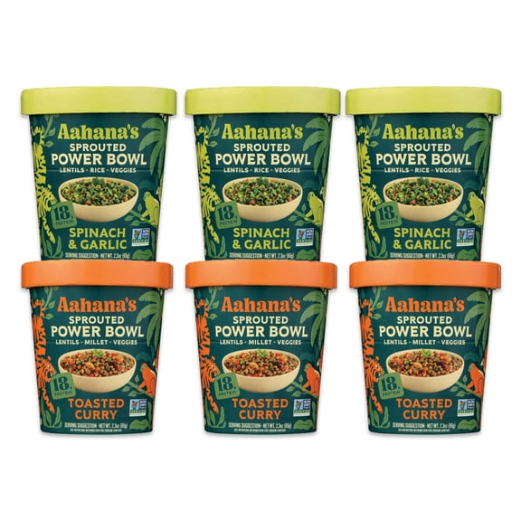 Aahana’s Ready-to-Eat Indian Lentil Meal Bowls Combo – Sprouted Power Bowls | Gluten-Free, High Protein, High Fiber, Oil & Sugar Free, Vegan | 3 3 Combo Pack (3 Spinach & Garlic   3 Toasted Curry)