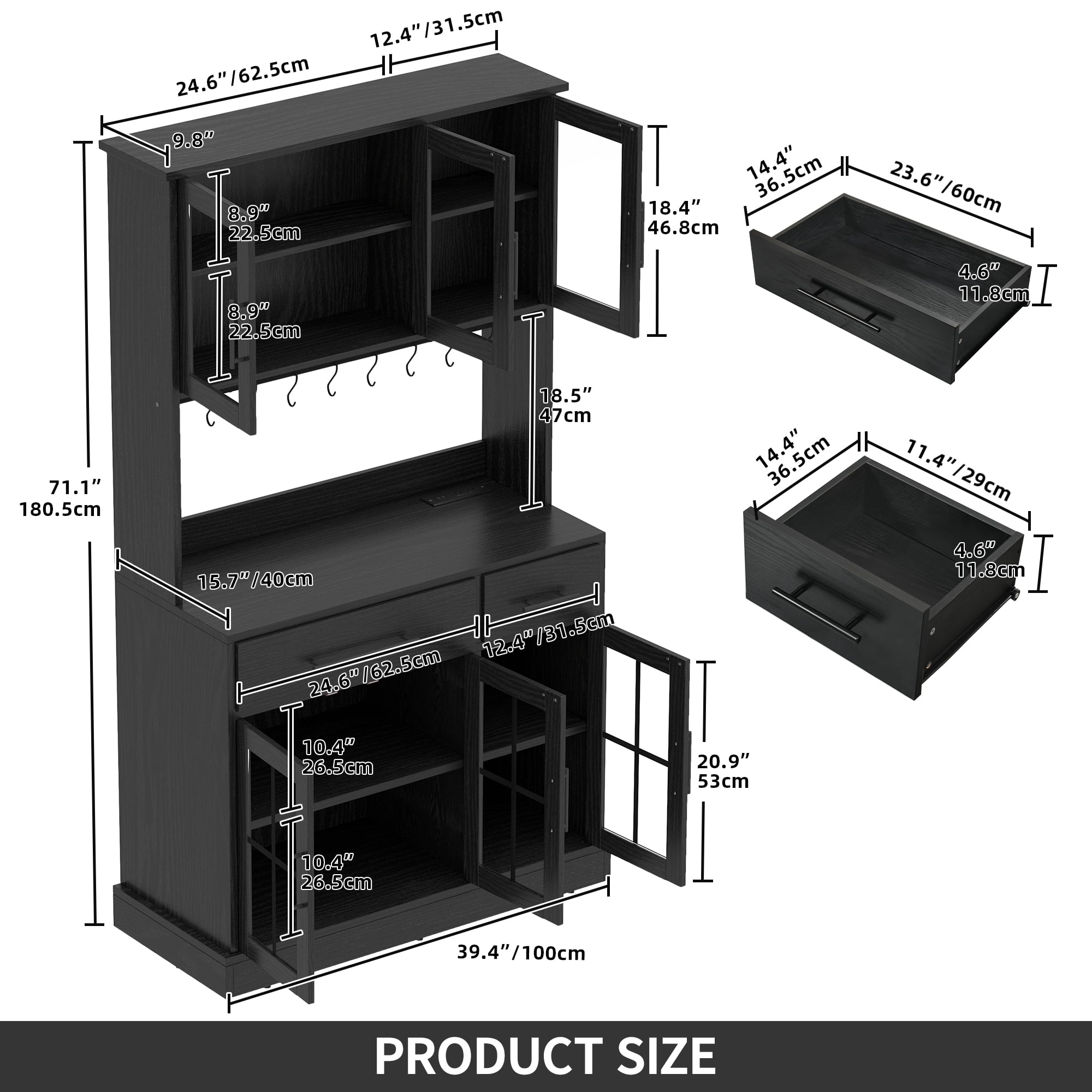 DWVO 71" Tall Kitchen Pantry Storage Cabinet with Power Outlet, Freestanding Cupboard Storage Buffet Hutch with Microwave Stand, Storage Pantry with Drawers & Glass Doors, Black