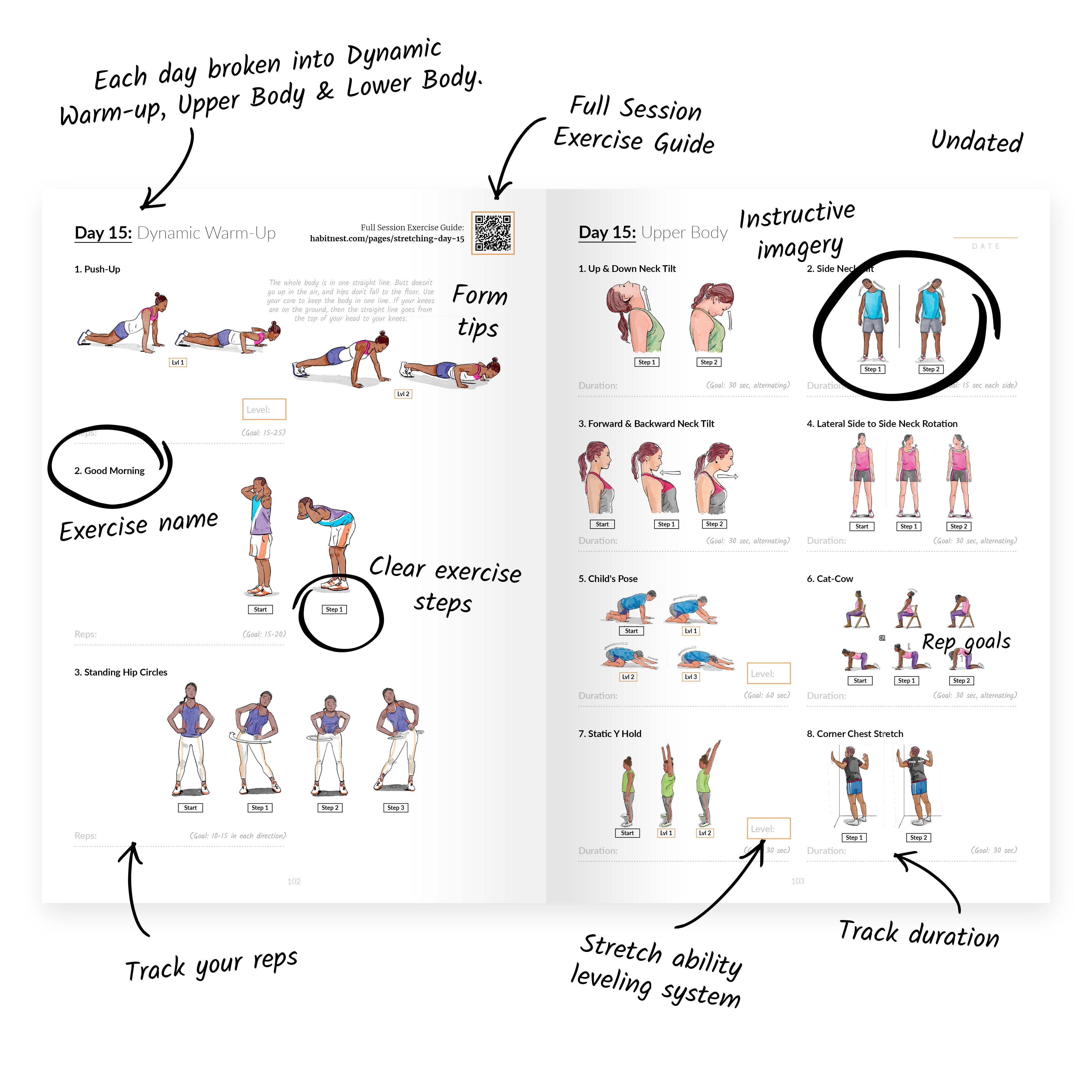 The Stretching Sidekick Journal by Habit Nest. Guided Stretching Routines to Keep You Flexible, Energized, and Live Comfortably. 66 Stretching Routines that only take 15-20 mins a day.