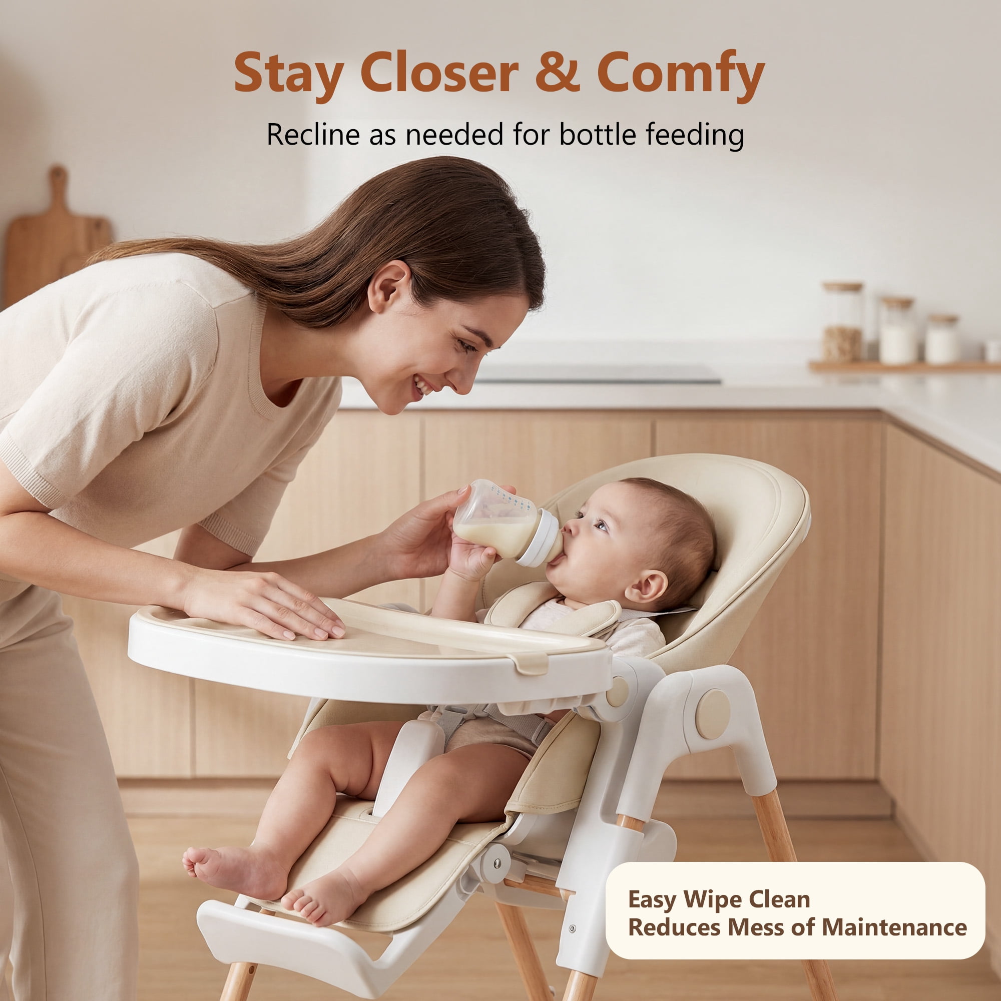 LINLUX Foldable High Chair for Babies, Toddler Eating Chair with Detachable Double Trays, Beige