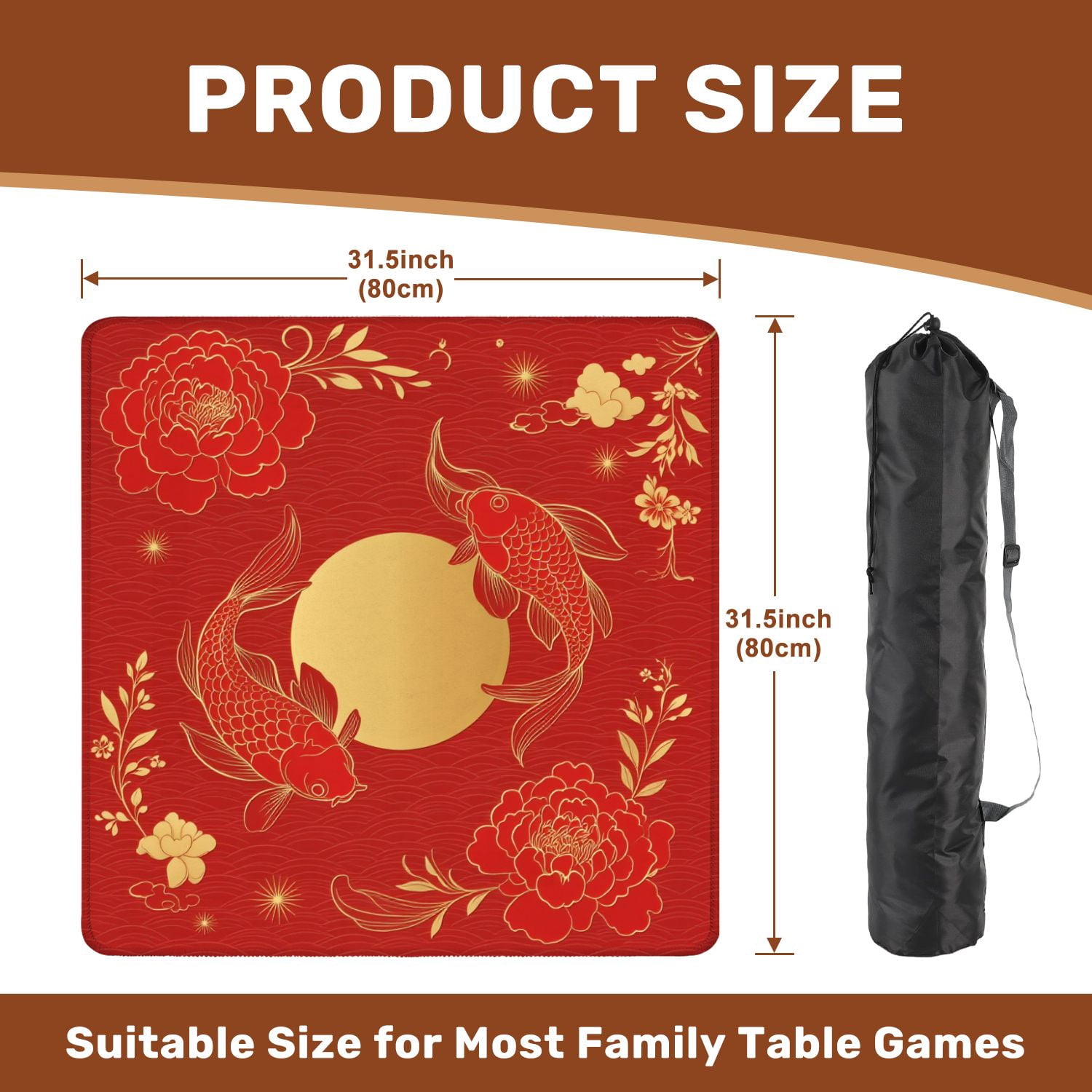 Mahjong Mat 31.5" x 31.5" traditional Chinese elements ornament carp gold color red peony Non-Slip Noise Reduction American Mahjong Tiles Table Cover for Dominoes Poker Card Board Games Gift