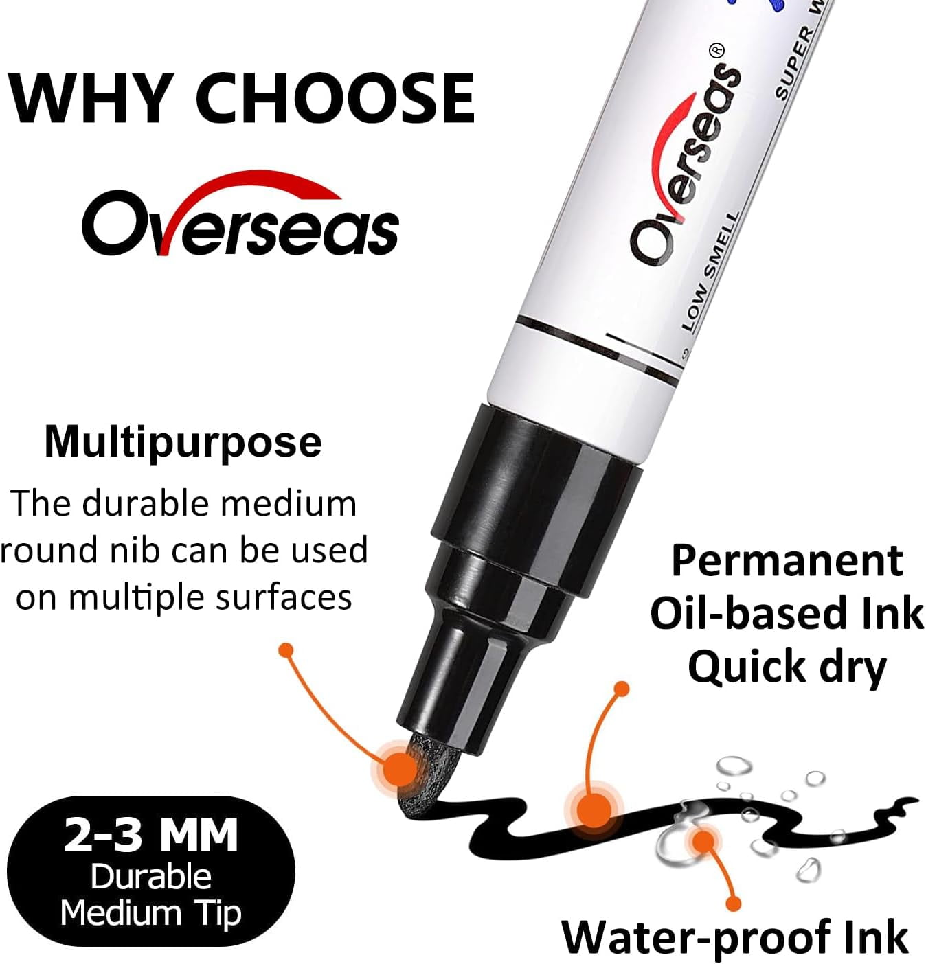Overseas White Paint Pens Permanent Markers 24 Pcs, Oil Based Paint Markers Set, Quick Drying, Waterproof, Medium Tip Marker Pens for Metal, Rock, Wood, Plastic, Canvas, Glass, Stone, Rubber, Paper