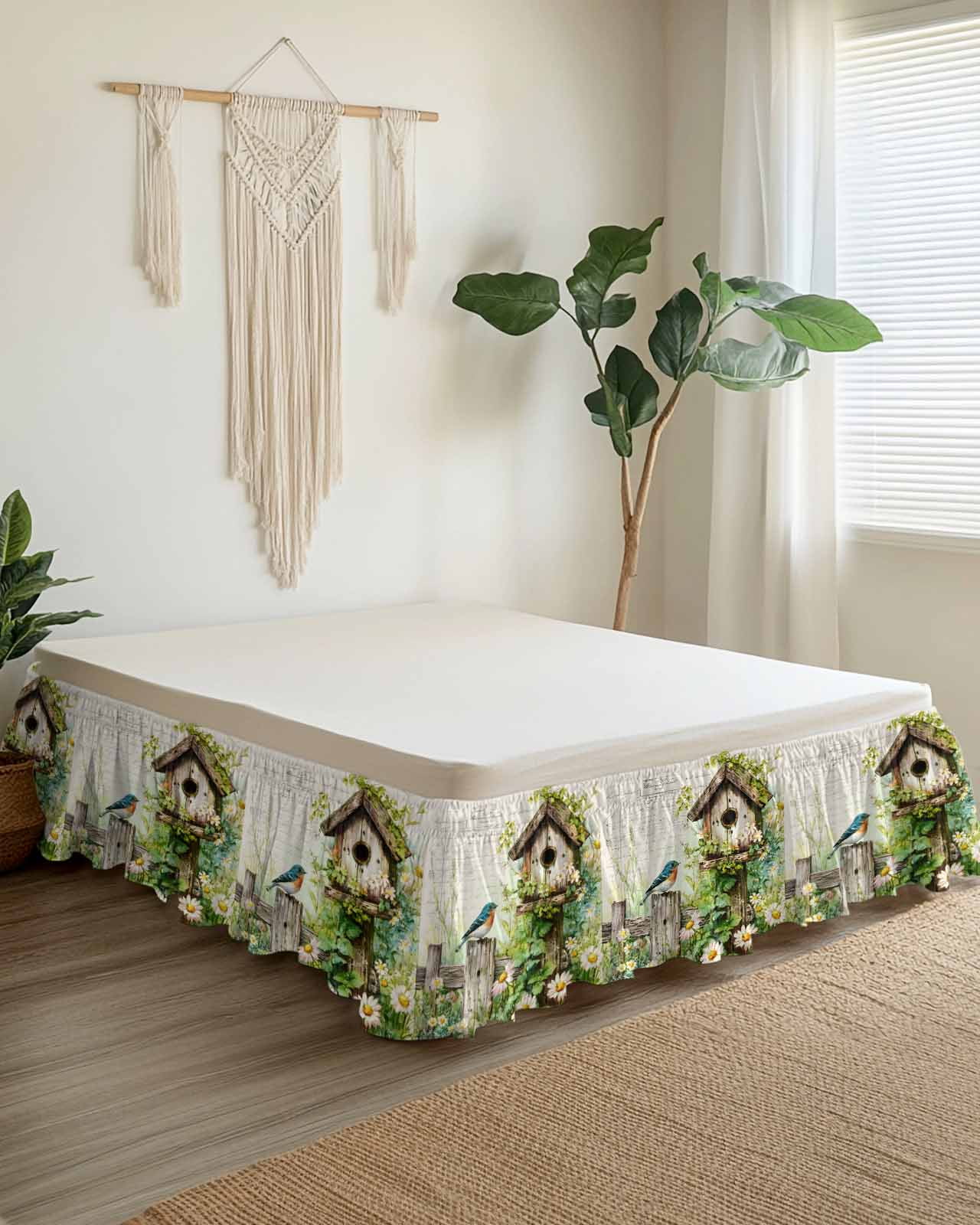Spring Flowers Bed Skirt Queen Size 16 Inch Drop, Country Bird House Fence White Daisy Leaf Beige Adjustable Elastic Dust Ruffles Bedskirt for Queen Bed Wrap Around Pleated Mattress Frame Cover