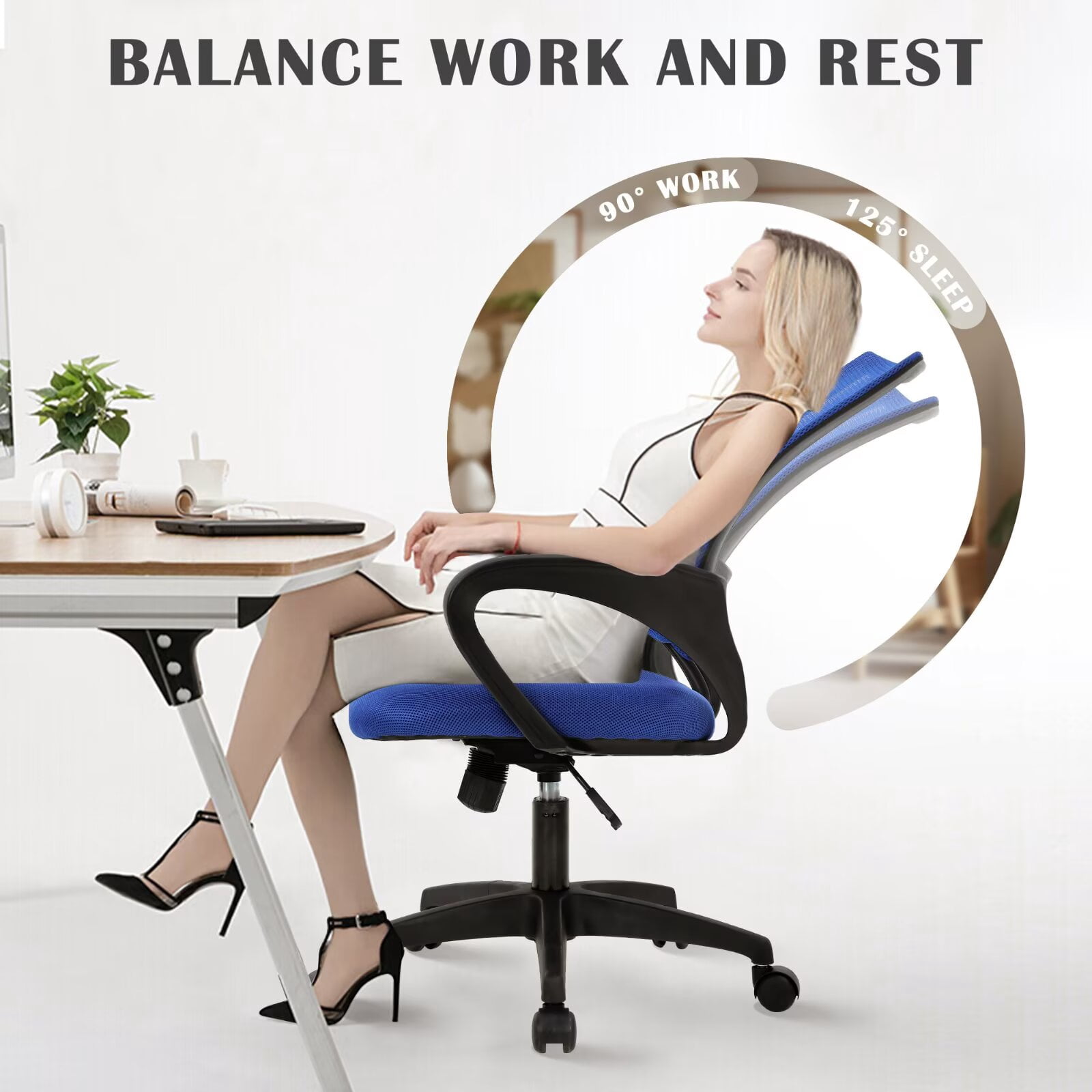 YRLLENSDAN Mesh Office Chair with Lumbar Support and Armrest, Comfortable Desk Chairs with Wheel, Home Swivel Chair with Adjustable Height and Tilt,Blue