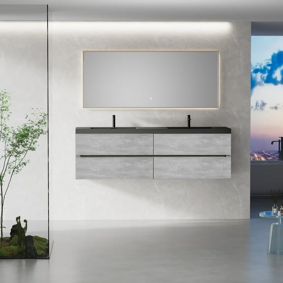 Modern Bathroom Storage Vanity 72", Grey With Quartz Sand Sinks And Four Soft Close Drawers 72" Grey, Black Drawer Style