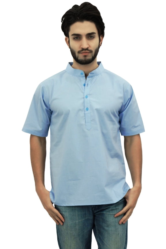 Men's Mandarin Collar Cotton Short Kurta Casual Ethnic Shirt-Medium