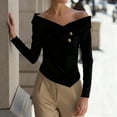 thumbnail image 4 of Lenpel Women's off the Shoulder Tops Long Sleeve Cross V Neck Asymmetrical Hem Slim Dressy Casual Blouses Going out Shirts(Black,XX-Large), 4 of 7
