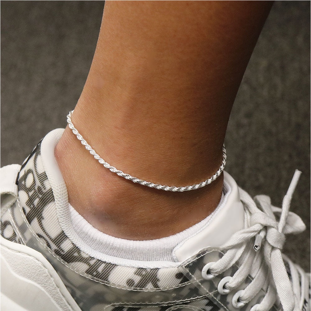 Box Sterling Silver Adjustable Dia-Cut Rope Anklet