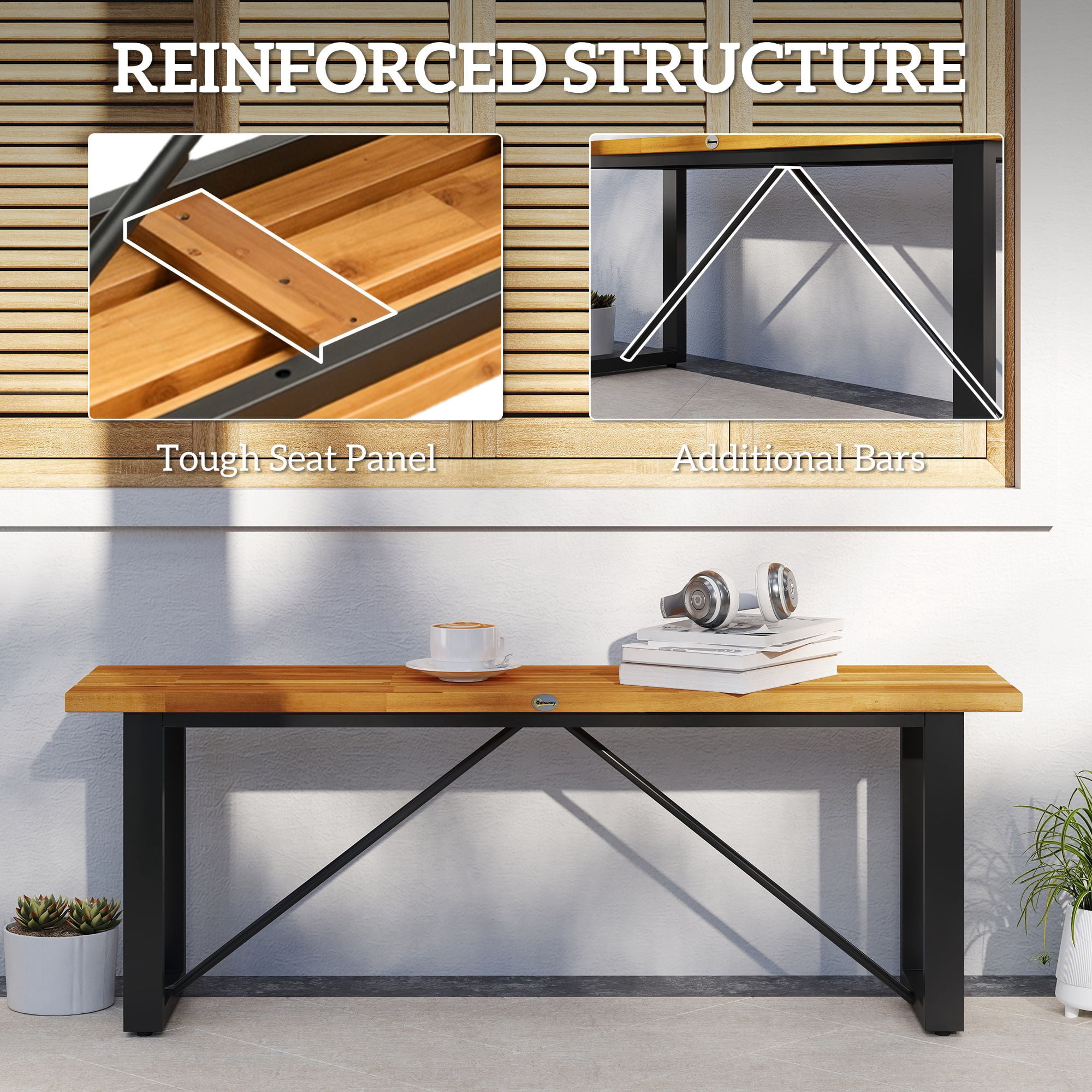 Backless Outdoor 2-Seater Bench, Varnished Acacia Wood Slat Seat Heavy Duty Rustproof Steel Frame Supports 528lbs, Patio Garden Park Entryway Bench Teak Finish & Black Frame