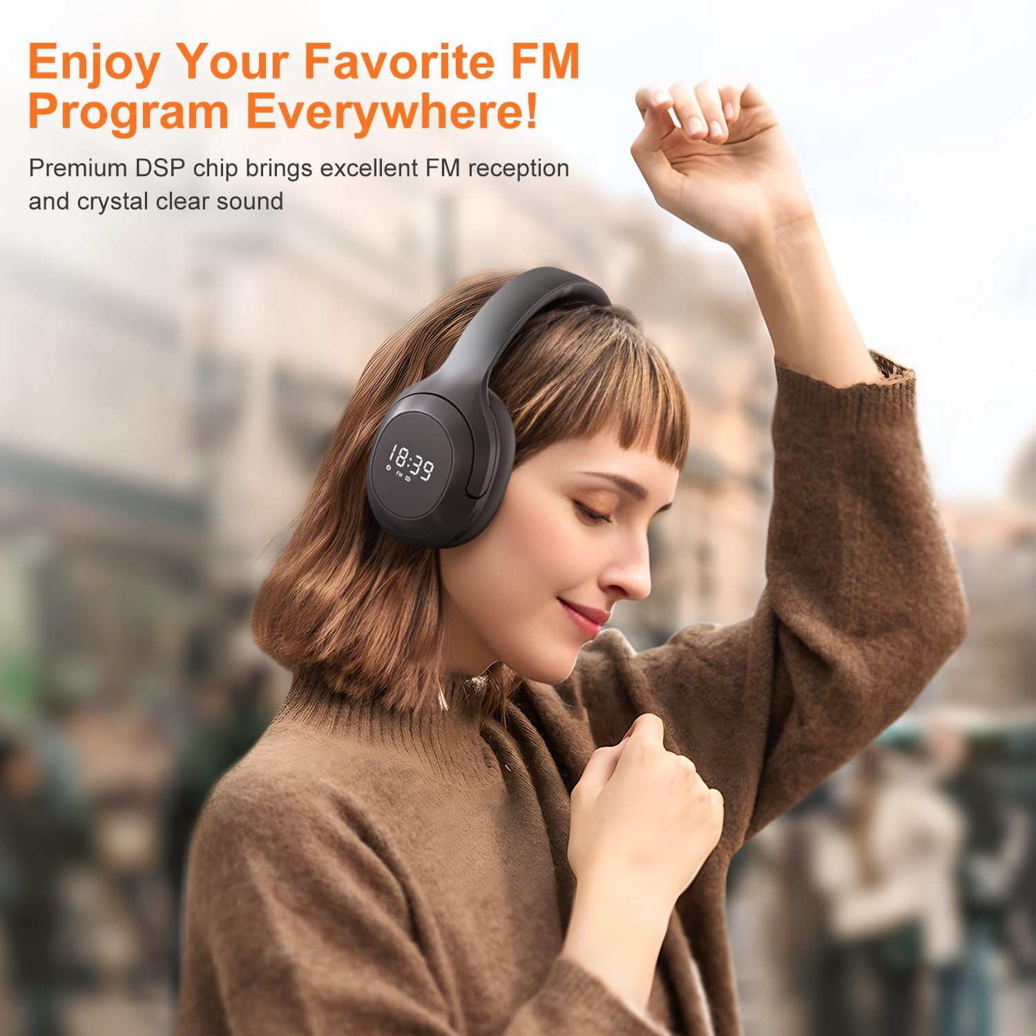 Wireless Bluetooth 5.2 FM Radio Headphones with Built-in Microphone, Ultra-Soft Ear Cushions, Stereo Noise Cancelling for Work/Travel/Sports