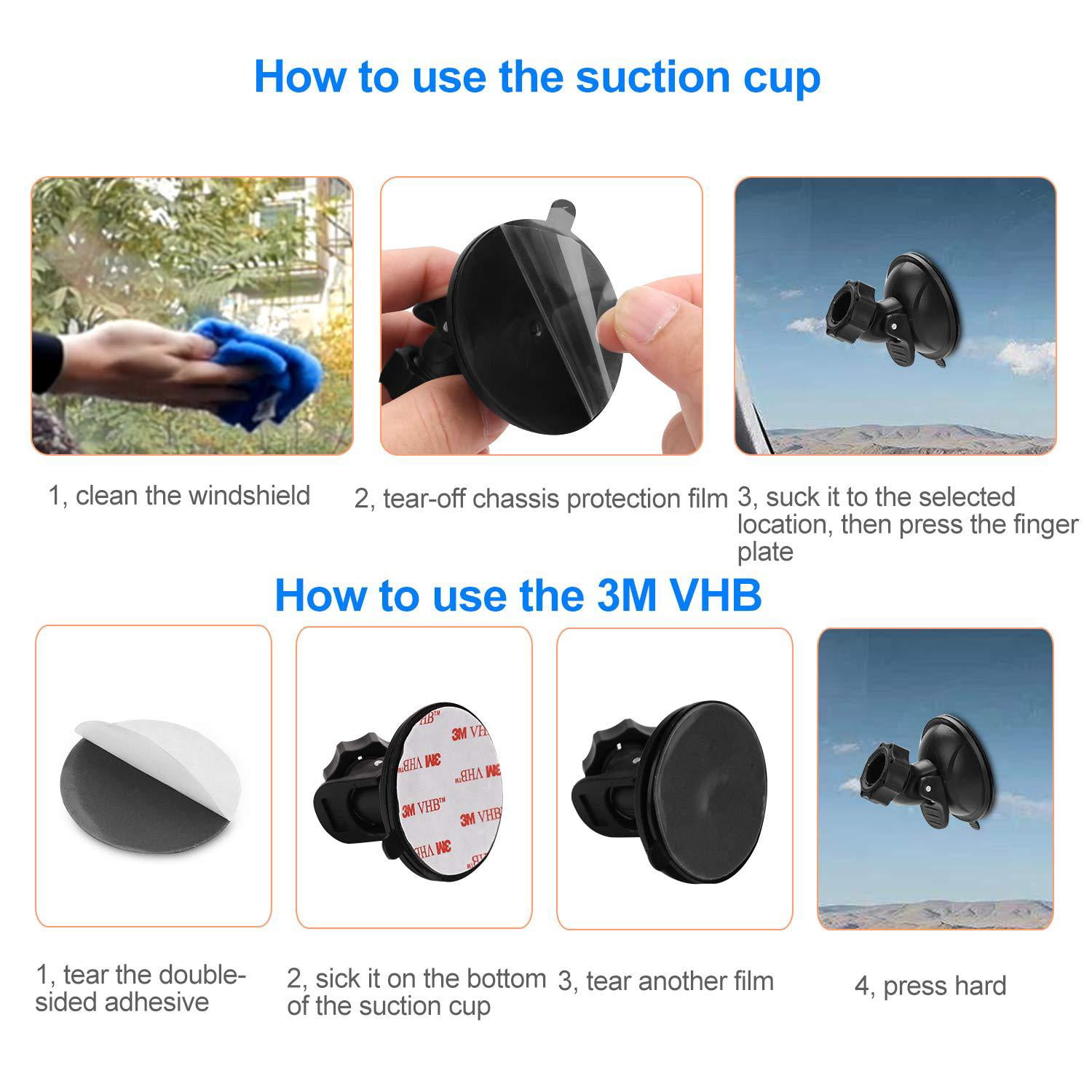  QveeQ Dash Cam Suction Cup Mount Compatible with Crosstour,  APEMAN, YI 2.7, Z-Edge Z3 3 and Most Other Dash Cam with 16 Different  Points, 3 x Glue Double Sided Adhesive Tapes