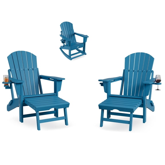 2-Pack Folding Adirondack Rocking Chairs with Retractable Ottoman & Cup Holder, All-Weather Resin Patio Rockers with Comfort Footrest for Garden, Porch & Yard