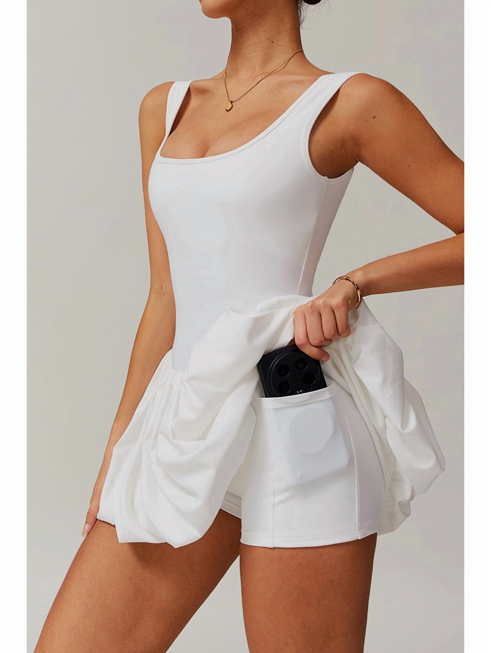 Womens Bubble Tennis Dress Squre Neck Sleeveless Workout Golf Athletic Dresses Build in Shorts with Pockets