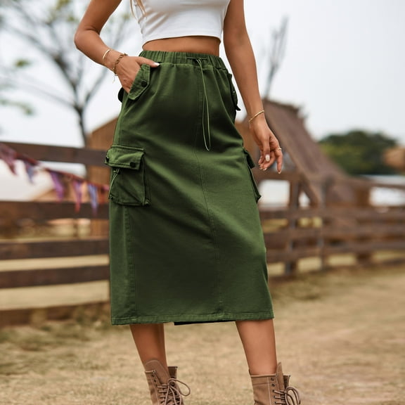 TMOYZQ Cargo Skirt for Women's Adjustable Casual Elastic Waist A-Line Midi Skirts with Pocket for Work & Daily on Clearance