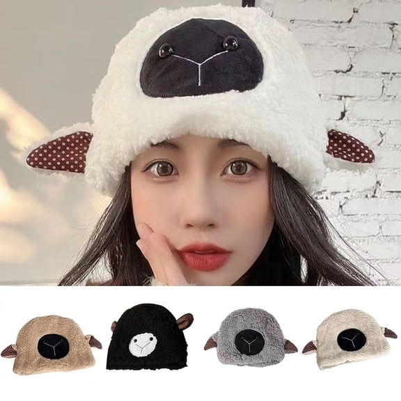 zobvuyeg Plush Hat Cute Fuzzy Cozy Thickened Stretchy Keep Warm Soft Autumn Winter Sheep Lamb Ears Girls Cap for Daily