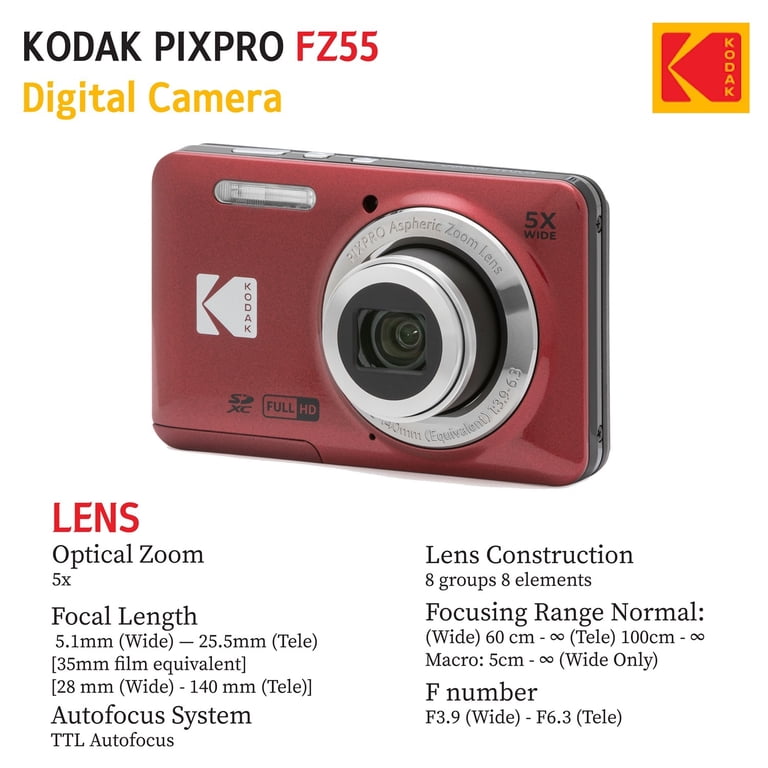 Kodak PIXPRO FZ55 Red, 16MP Digital Camera, 5x Optical Zoom, 28mm