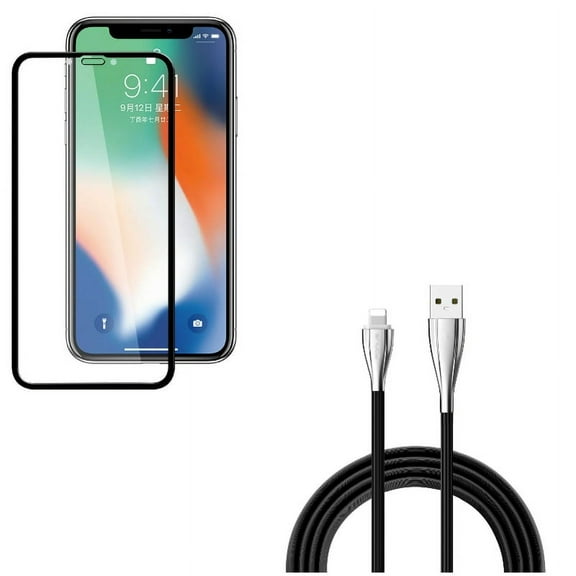 10ft USB Cable w Screen Protector for iPhone XR - Charger Cord Power Wire Long, Anti-Glare Tempered Glass Matte 3D