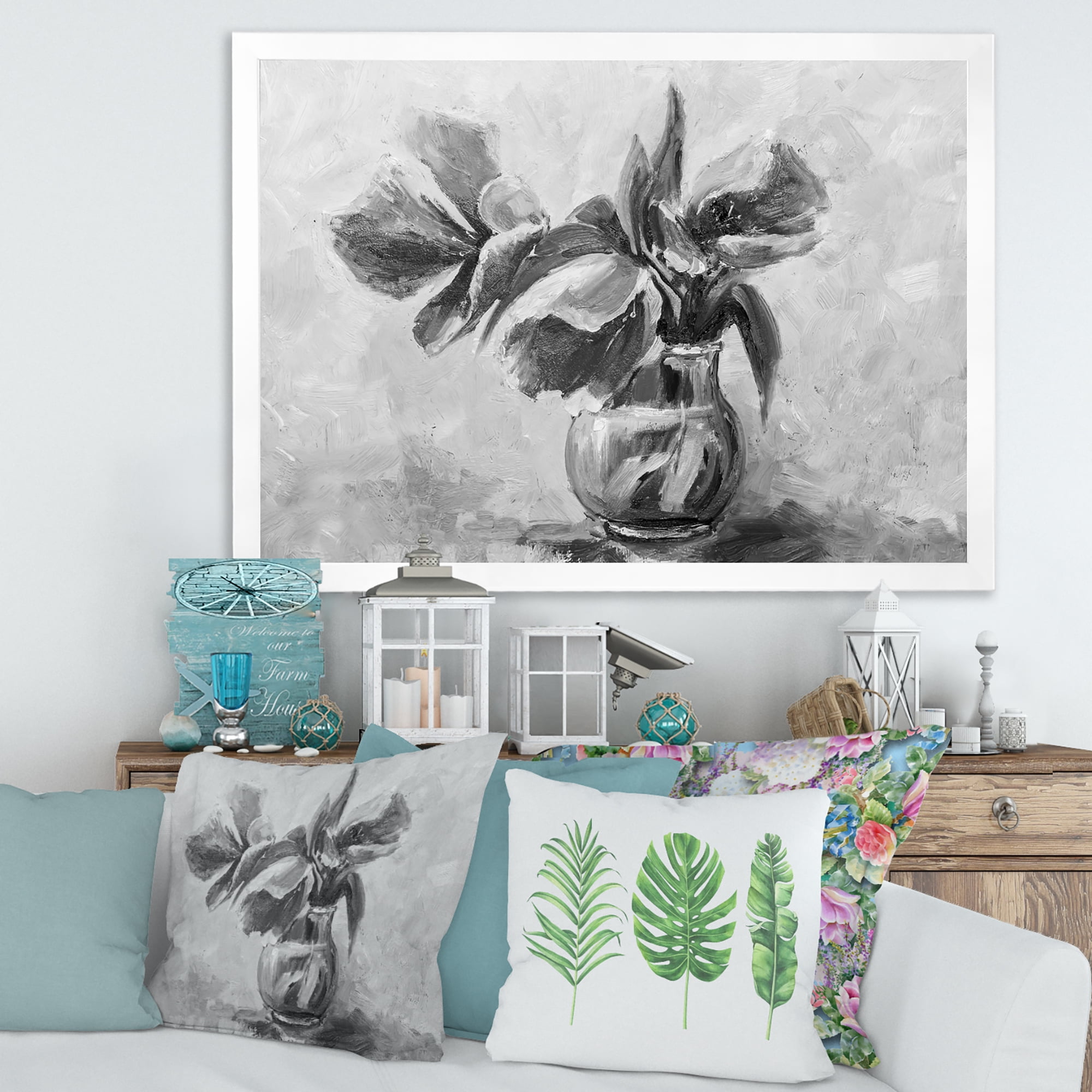 Designart 'Black and White Still Life Of Flowers In A Vase' Traditional Framed Art Print