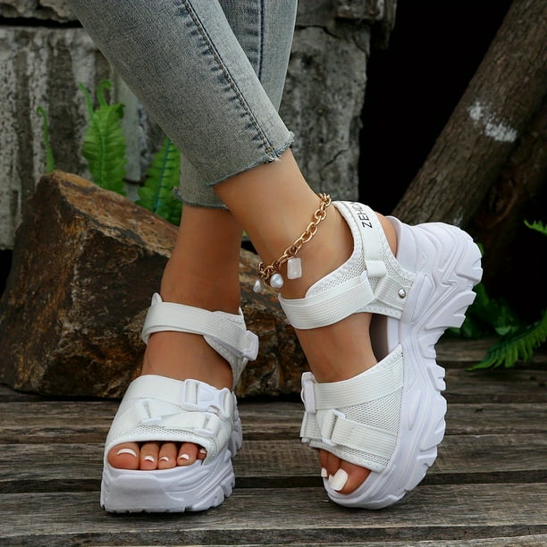 Sandalias De Plataforma De Color Sólido Para Mujer, Sandalias Casuales Con Correa De Gancho Y Bucle, Zapatos De Moda Y Cómodos