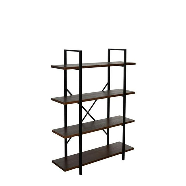 Benjara BM218710 4 Tier Wood & Metal Frame Bookcase with X Shape Design, Brown & Black