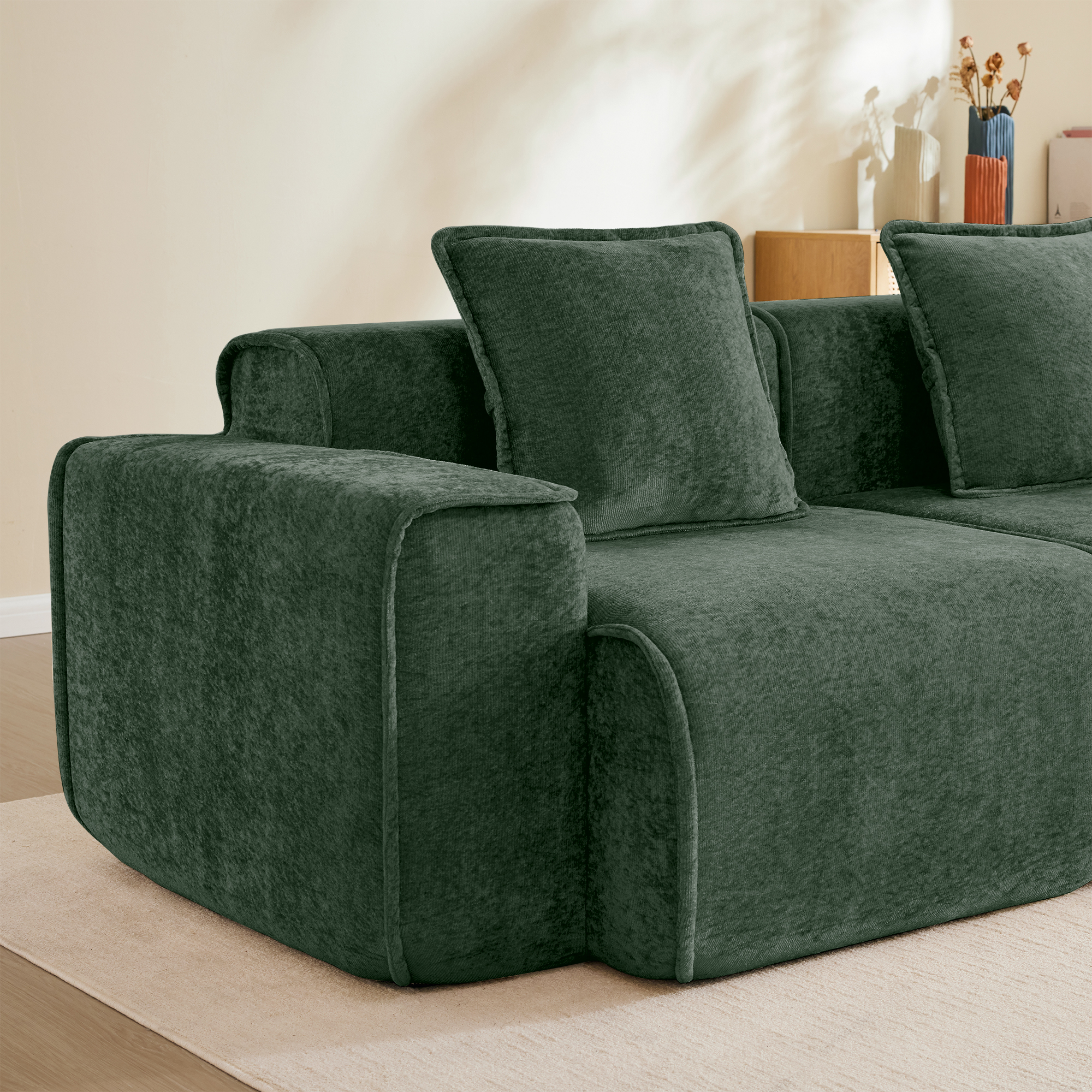 Leumius 2 Seater Cloud Loveseat Sofa,Modular Velvet Fabric Deep Seat Boneless Couch with 2 Throw Pillows,Square Arm Sofa for Living Room Apartment,No Assembly,Green
