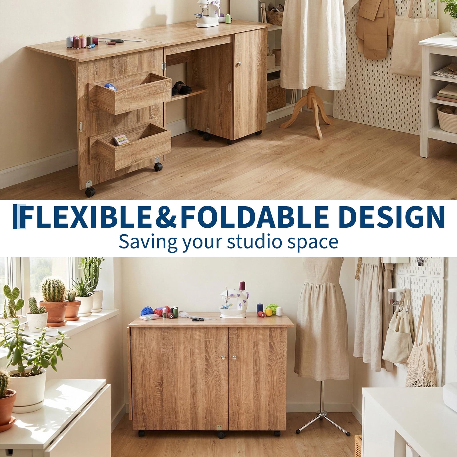 Gaderth Folding Sewing Table, Multipurpose Portable Craft Station & Side Desk with Caster Wheels, Storage Shelves, 2 Storage Trays, Magnetic Doors