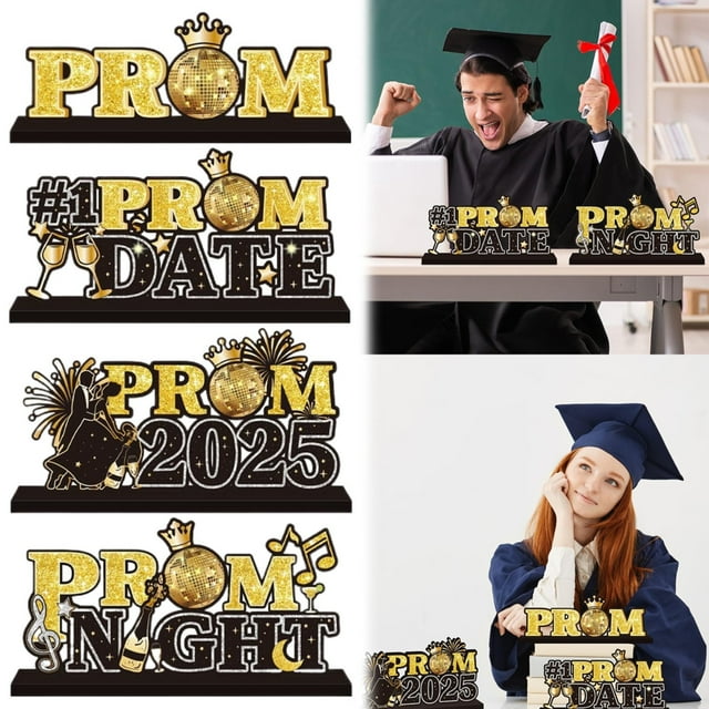 Home Decor 4Pcs Black And Gold Prom Night Decorations Wooden Table Centerpieces Grad Table Toppers Congratulate Tiered Tray Decor For 2025 Graduation Prom Decorations Desktop dress up