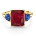 thumbnail image 2 of Gem Stone King 18K Yellow Gold Plated Silver Red Created Ruby and Blue Created Sapphire 3 Stone Ring for Women (6.78 Cttw, Octagon 12X10MM, Trillion 5X5MM, Gemstone July Birthstone, Size 8), 2 of 3