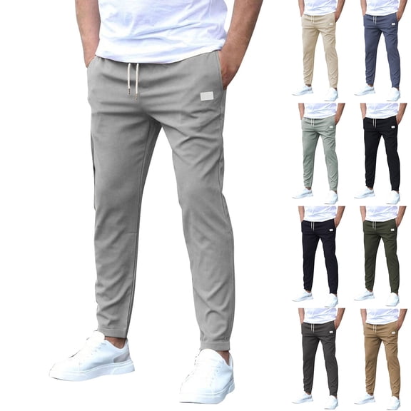 Men's Casual Slim-Fit Solid Color Nine-Point Pants with Pockets, Ankle-Length Trousers for Business Casual and Daily Outfits,Army Green,L
