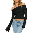 thumbnail image 2 of Womens Off Shoulder Ribbed Knit Crop Sweaters Long Sleeve Slim Pullover Jumper Tops, 2 of 6