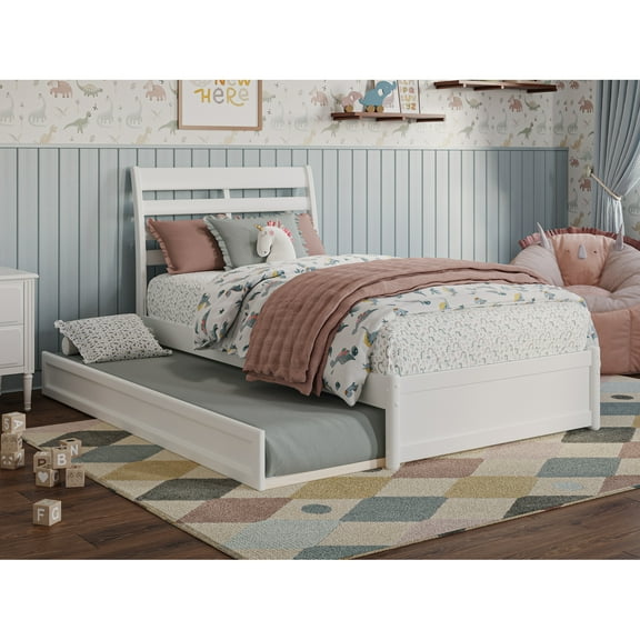 Emelie Twin Wood Platform Bed with Panel Footboard and Twin Trundle in White
