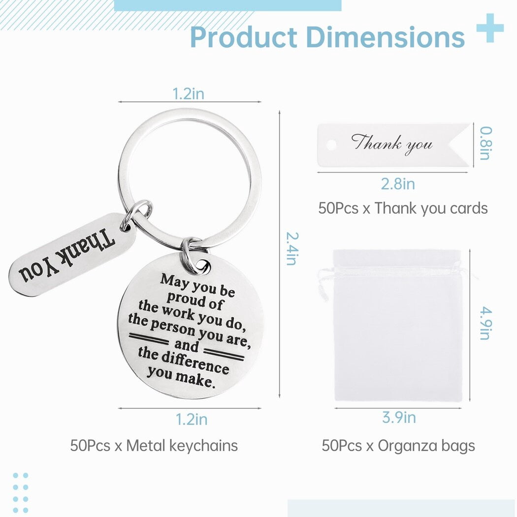 150 PCS Employee Appreciation Gifts, Bulk Thank You Keychains Gifts, Inspirational Stainless Steel Keyrings with Drawstring Bags and Cards, Appreciation Gifts for Coworker Nurse