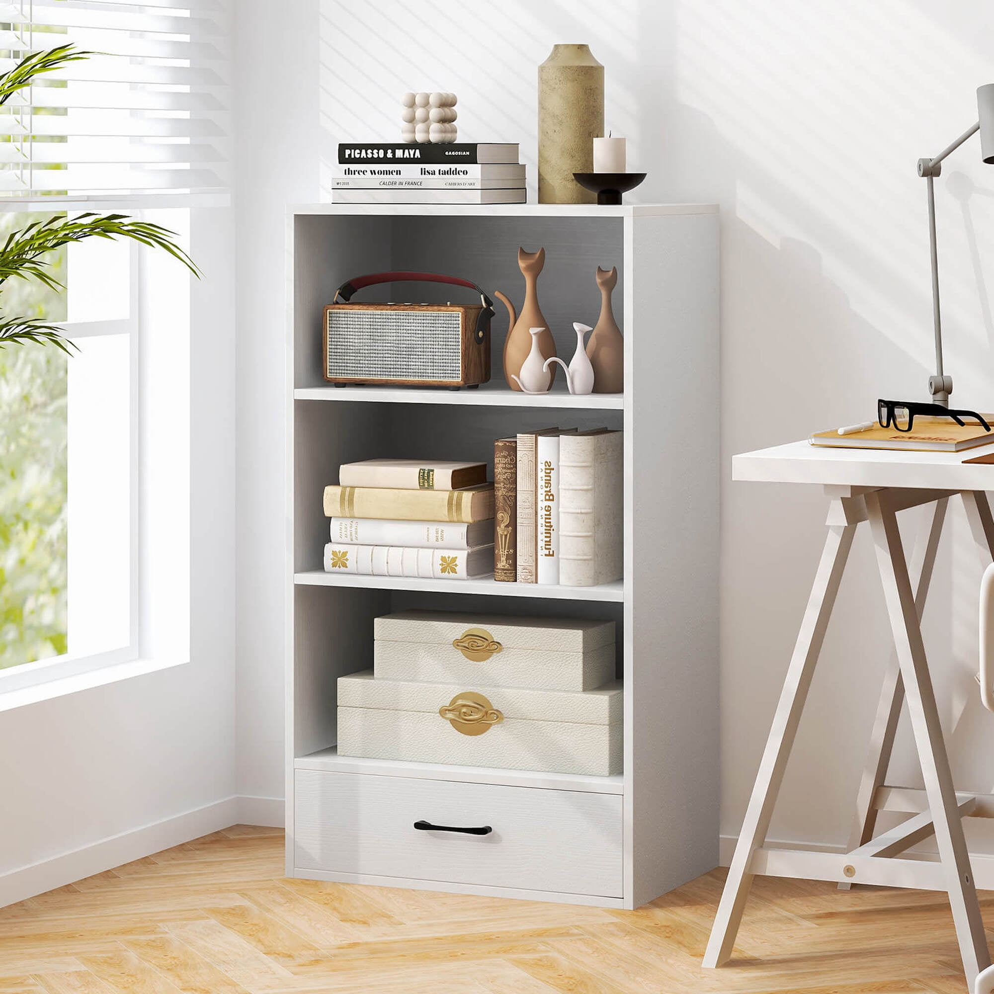 Costway 42'' Tall 4-tier Storage Shelf Wood Bookcase with Drawer Home Organizer Display Rack White