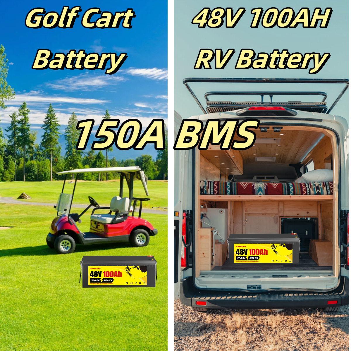 LiFePO4 Battery 48V 100AH,150A BMS RV Golf Cart Trolling Motor Camper Lithium Ion Batteries,SCREMOWER 15000 Deep Cycles Grade-A Cells