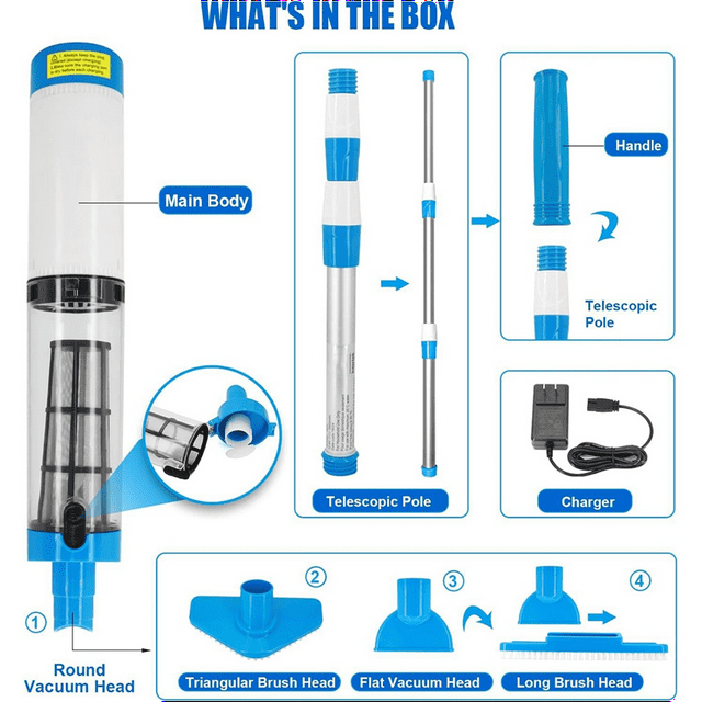 US PLUG 3 in 1 Cordless Pool Vacuum, an automatic pool cleaner designed for spas, hot tubs, and small pools. Includes a main body, telescopic pole, handle, charger, and interchangeable vacuum heads: round, triangular brush, flat vacuum, and long brush. Made of durable ABS and copper material with a photo color finish.