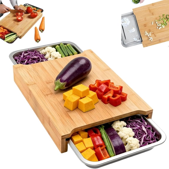 Bamboo Cutting Board with 2 Slide-Out Drawers – Organic Wood Chopping Station, Non-Slip Butcher Block with Juice Groove for Easy Clean Meal Prep