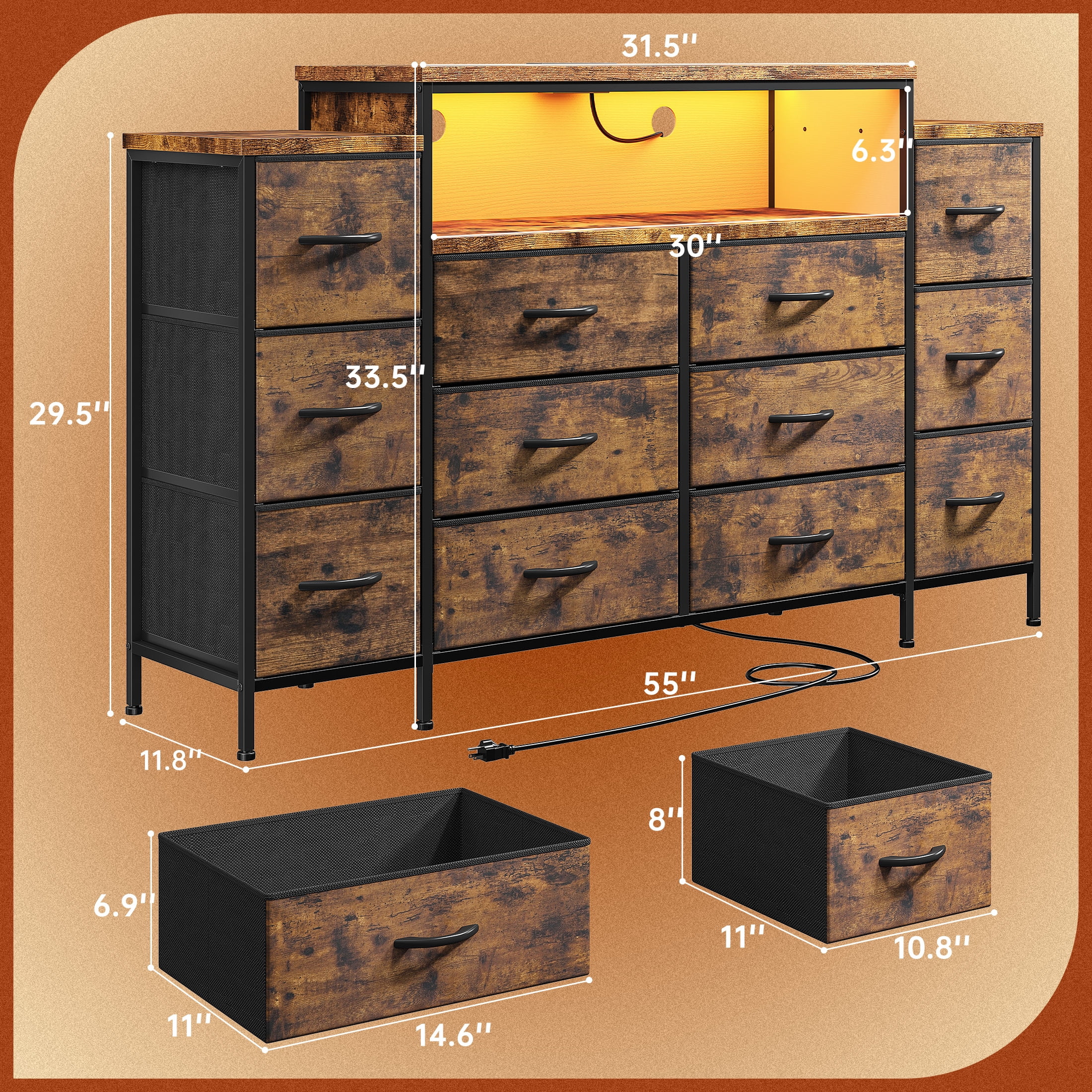 EnHomee 55" W Dresser for Bedroom with LED Lights & Charging Station 12 Drawer Dressers & Chests of Drawers, Rustic Brown