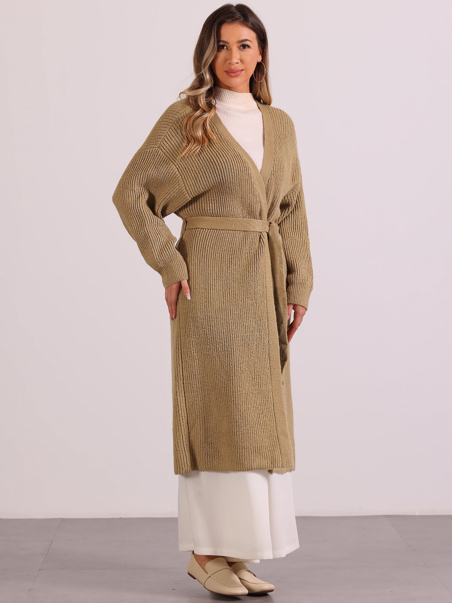DARING DIVA Women's Long Sleeve Knitwear Sweater Coat with Belt L Khaki