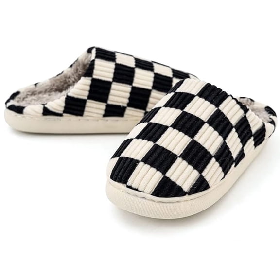 CHICVOMEY Unisex Plush Checkered House Slippers for Women & Men Memory Foam Slippers with Non-Slip Sole Indoor Outdoor Use Cozy Fuzzy Bedroom Slippers