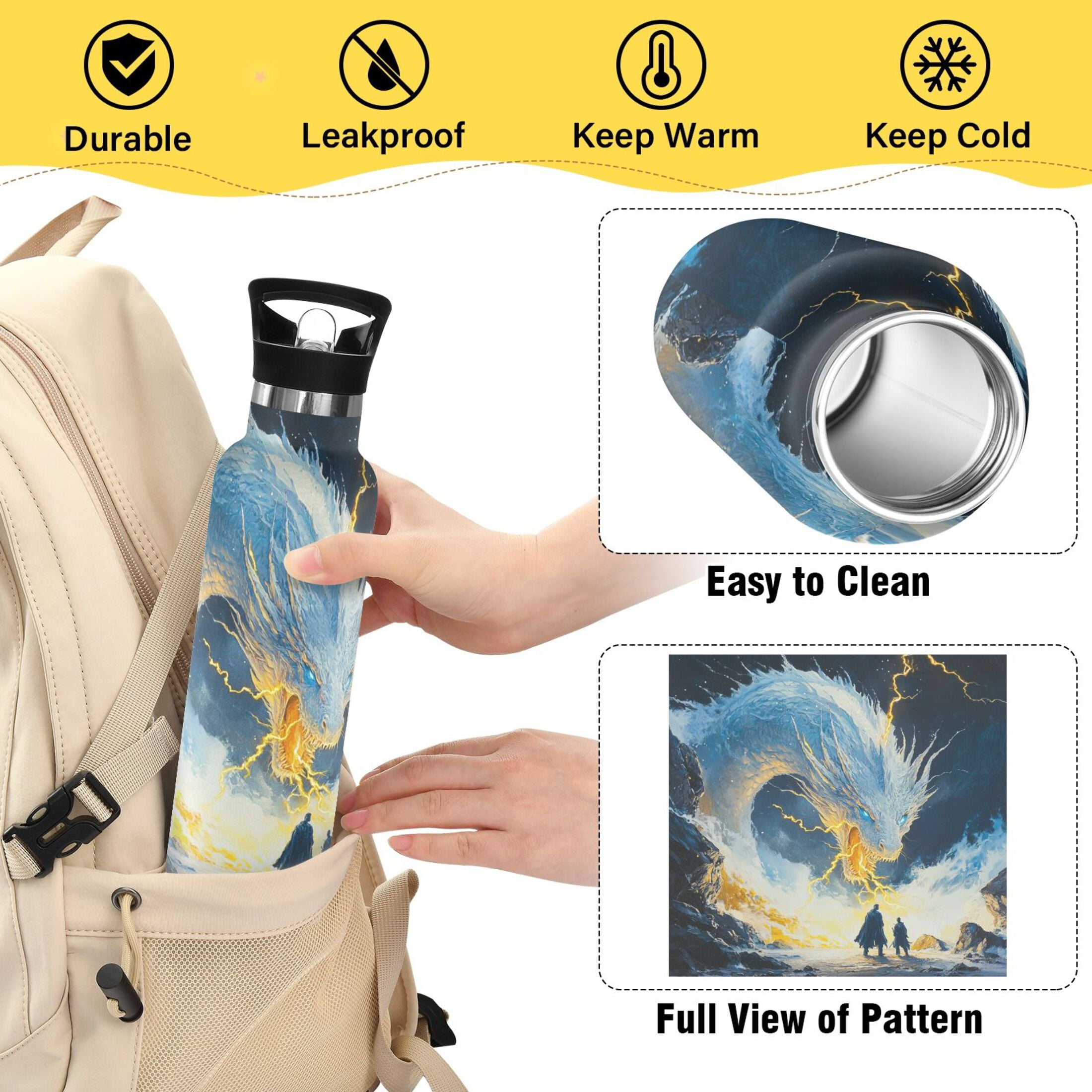 600ML Stainless Steel Insulated Cup Sports Water Bottle Portable Thermos Cup Water Glasses Insulated Tumblers Convenient and Durable White Lightning Dragon