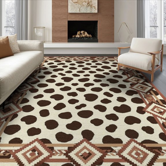 ODIKA 8'x10' Washable Area Rug Southwestern Symmetry Abstract Inspired Patches Border Spotted Flowing Dynamic for King Size Bedroom Under Bed, Master Suite, Non-Shedding, Easy Care