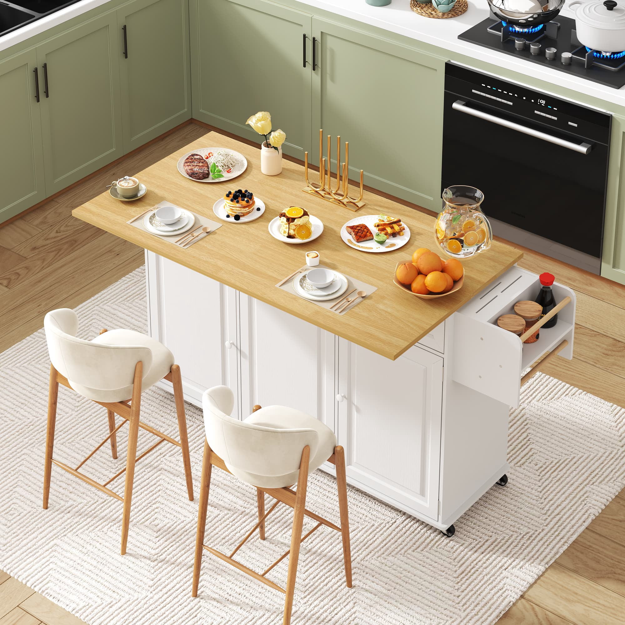 63" Drop-Leaf Kitchen Island Cart with & Sliding Top, Rolling Island Table with Trash Can Storage & Power Outlet, 100lbs Load Capacity